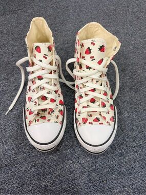 Converse Cream High-Top Sneakers with Red Strawberry and Cherry Print